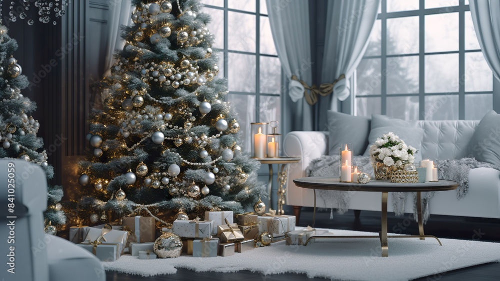 White Christmas Room - Ornaments On Christmas Tree, Holidays Decoration, Holiday Scene, Winter Season, Festive Decor White Christmas Room - Ornaments On Christmas Tree, Holidays Decoration, Holiday Scene, Winter Season, Festive Decor