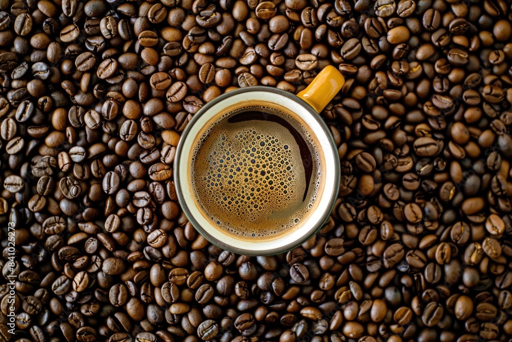 Coffee beans in cup, on coffee beans background - generative ai Coffee beans in cup, on coffee beans background - generative ai