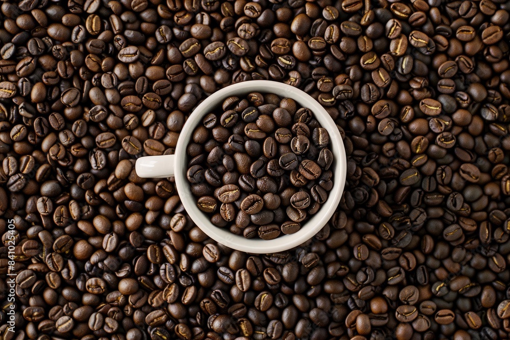 Coffee beans in cup, on coffee beans background - generative ai Coffee beans in cup, on coffee beans background - generative ai