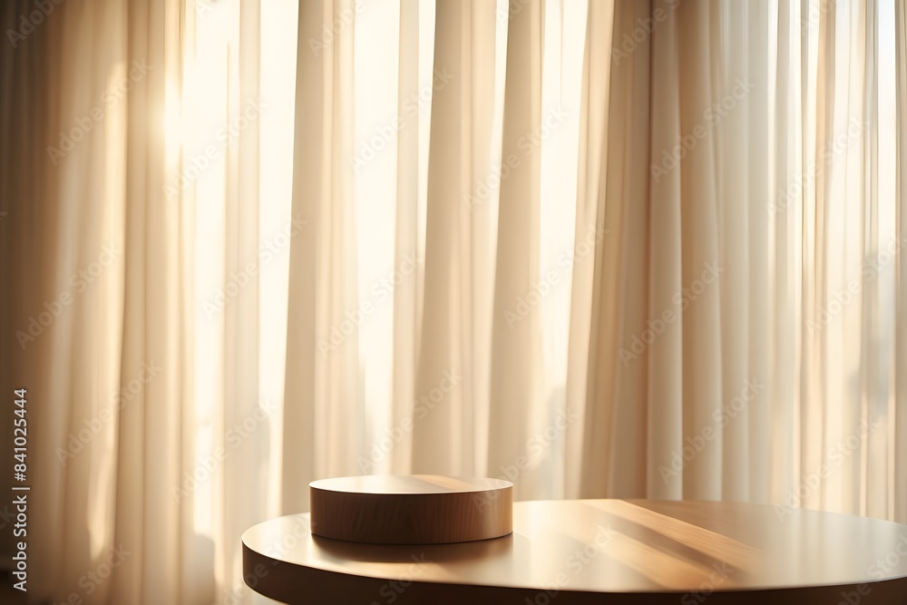 Empty modern round wooden podium side table in soft white blowing drapery curtain drapes in sunlight for luxury cosmetic, skincare, beauty treatment, fashion product display background Empty modern round wooden podium side table in soft white blowing drapery curtain drapes in sunlight for luxury cosmetic, skincare, beauty treatment, fashion product display background