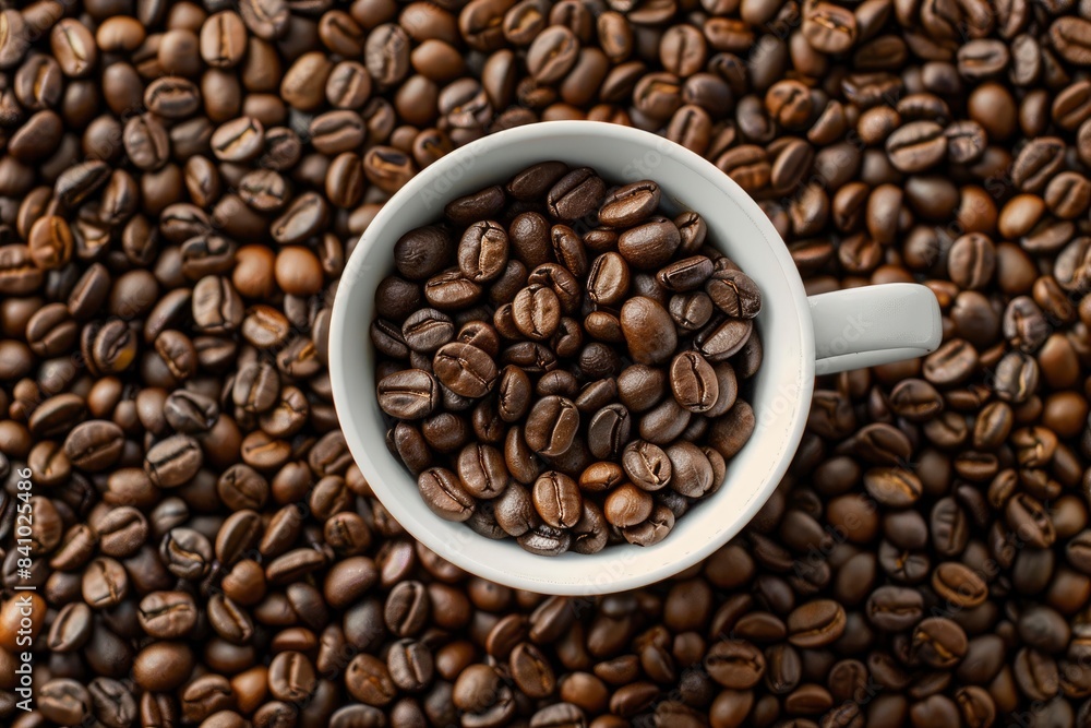 Coffee beans in cup, on coffee beans background - generative ai Coffee beans in cup, on coffee beans background - generative ai