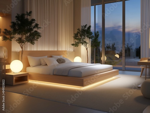 A modern bedroom features a low wooden bed, ambient lighting, large windows, and indoor plants, creating a serene atmosphere © cherezoff
