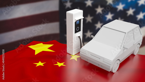 Photography The Ev car on Usa and china flag for Business or technology concept 3d rendering