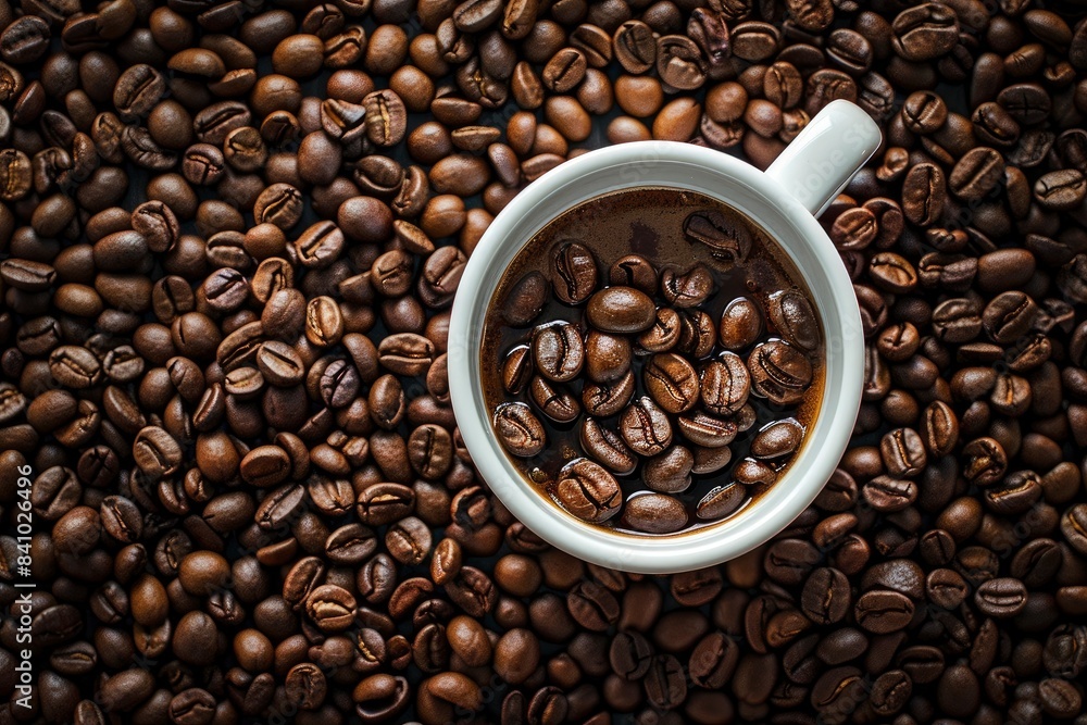 Coffee beans in cup, on coffee beans background - generative ai Coffee beans in cup, on coffee beans background - generative ai