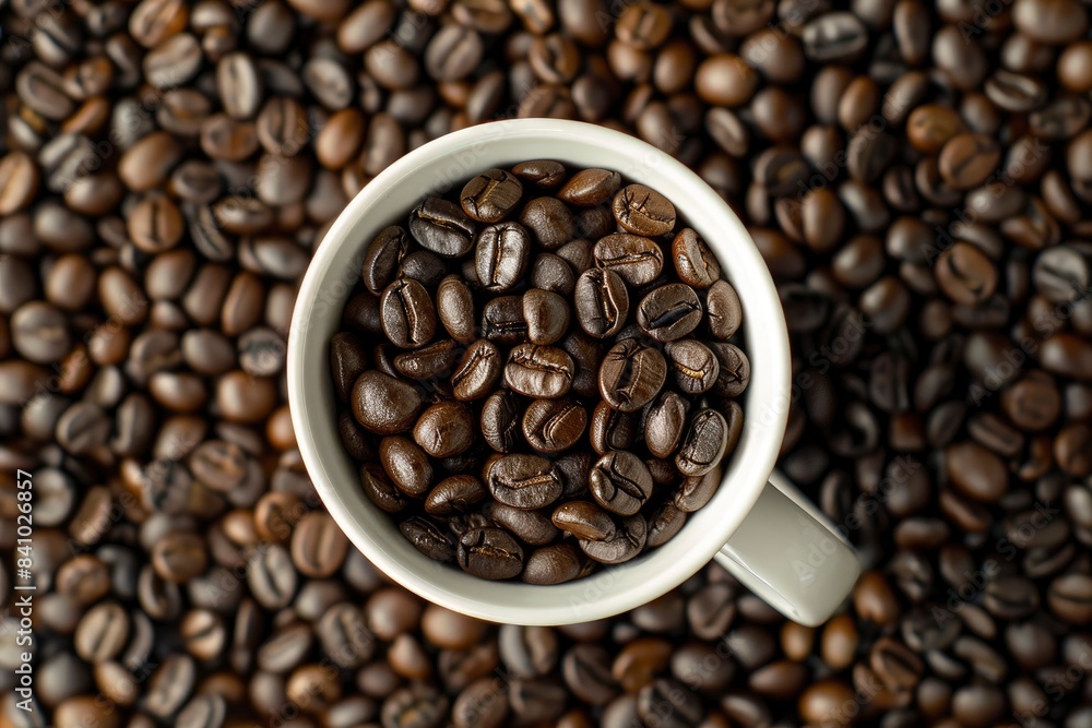 Coffee beans in cup, on coffee beans background - generative ai Coffee beans in cup, on coffee beans background - generative ai