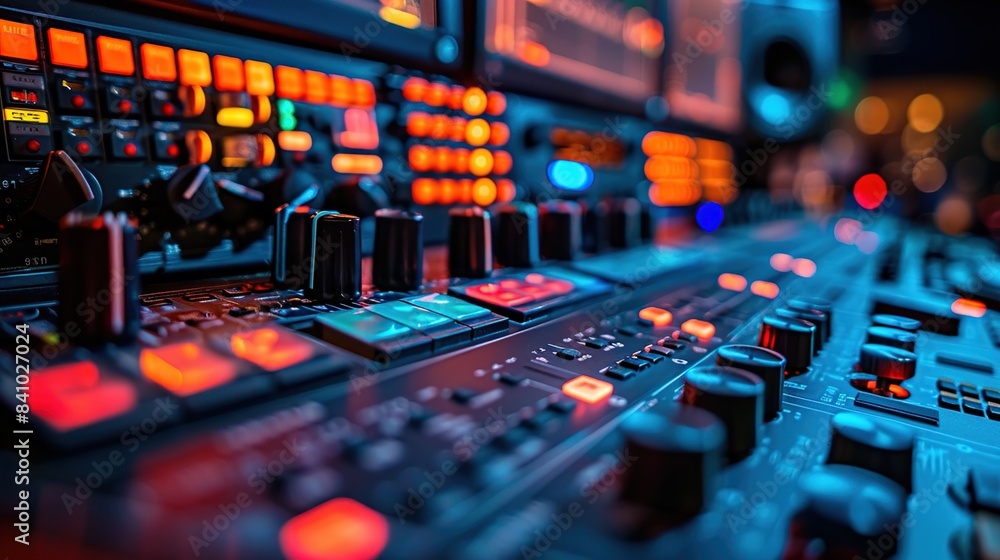 Closeup sound mixer console with vibrant color neon lights. Sound settings panel. Closeup sound mixer console with vibrant color neon lights. Sound settings panel.