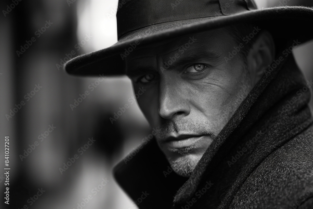 serious confident man gentleman detective in a hat and coat on street in city. Vintage black and white scan serious confident man gentleman detective in a hat and coat on street in city. Vintage black and white scan