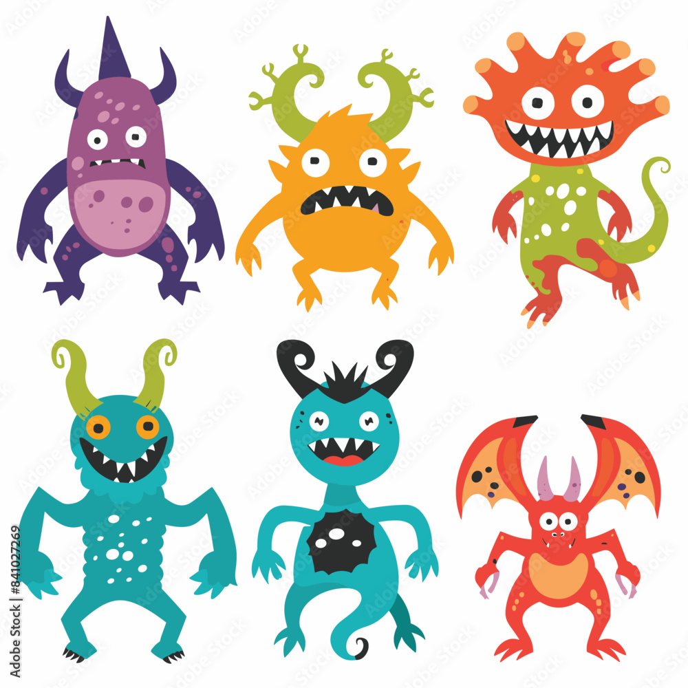 Naklejka premium Six colorful cartoon monsters isolated white background, creature unique funny design smiling eyes teeth. Playful monster characters childrens book game