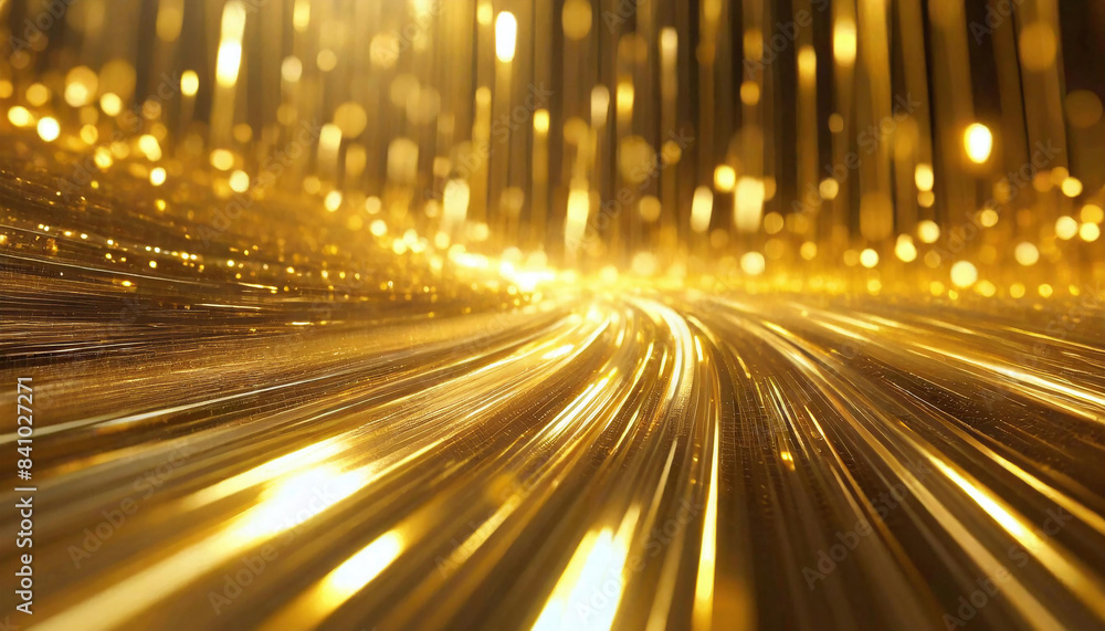 A digital landscape of golden lines and particles converging to a point A digital landscape of golden lines and particles converging to a point