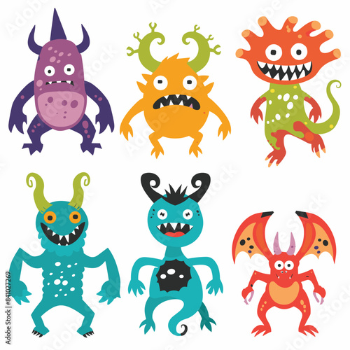 Wallpaper Mural Six colorful cartoon monsters isolated white background, creature unique funny design smiling eyes teeth. Playful monster characters childrens book game Torontodigital.ca
