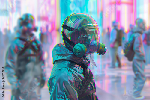 People with gas masks walking on street in futuristic cyberpunk city with bad air pollution. vivid neon lighting. Liquid pastel color style. 