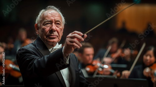Orchestra conductor, conducting an orchestra with his wand