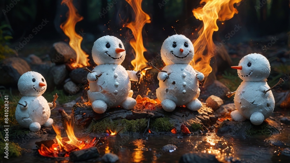 Obraz premium Melting Snowmen by the Campfire
