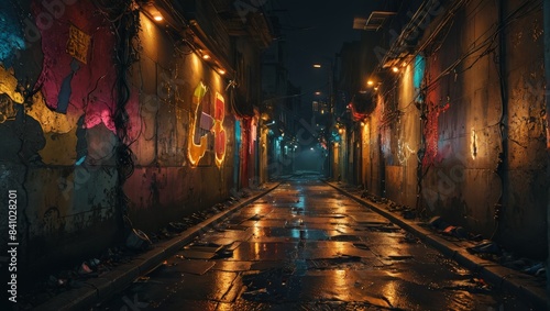 Dark Alleyway with Graffiti and Wet Pavement
