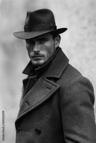 Retro portrait of fashion man serious confident gentleman in a hat and coat on street in city
