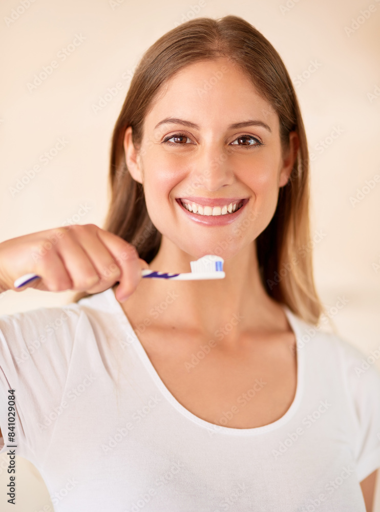Portrait, woman and smile with toothbrush in home for hygiene and clean teeth. Female person, face and happy with toothpaste for fresh breath or smell with oral or dental health in bathroom Portrait, woman and smile with toothbrush in home for hygiene and clean teeth. Female person, face and happy with toothpaste for fresh breath or smell with oral or dental health in bathroom