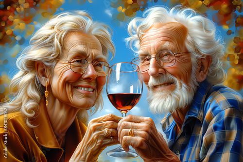 man and woman with glasses of red wine in a beautiful style. Holiday background.