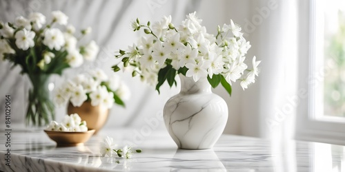 Wallpaper Mural one vase with white flowers on the side of a white marble table and white marble backgrounds with copy space, apartment or kitchen interior design.  Torontodigital.ca