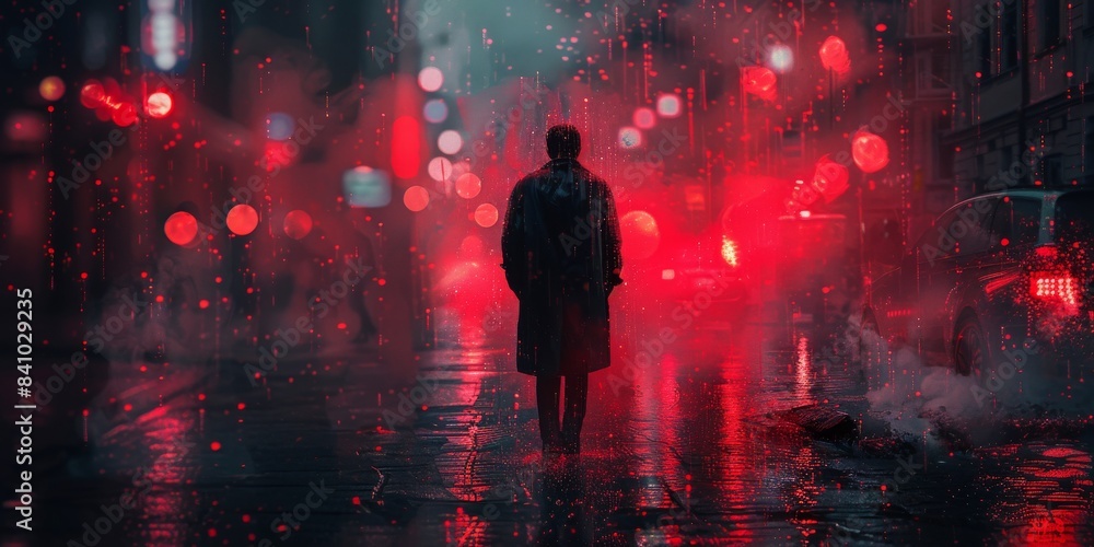 A man is walking down a wet street in the rain A man is walking down a wet street in the rain