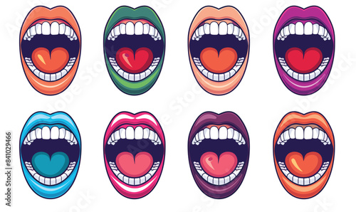 Collection eight colorful mouths hearts inside, representing love, affection, emotions. Cartoon style mouths various colors heart shapes, symbolizing love expression, showing teeth. Different colors