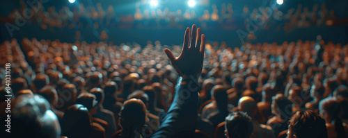 An outstretched hand among a crowded audience at a conference, symbolizing participation and engagement. photo