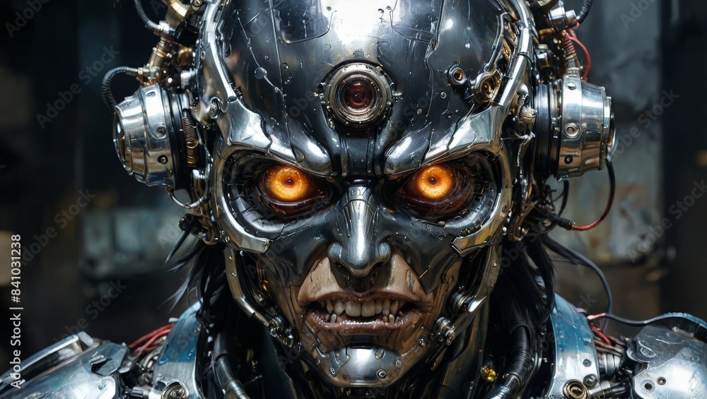Close-up of a robot's face with glowing eyes Close-up of a robot's face with glowing eyes