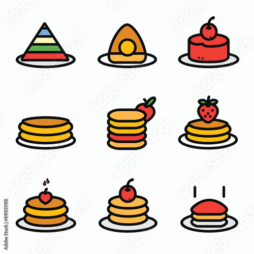 Colorful vector icons different sweet dishes snacks isolated white background. Illustration displays pyramid cake, sunny side up egg, cherrytopped cake, pancakes apple, strawberry, love heart photo