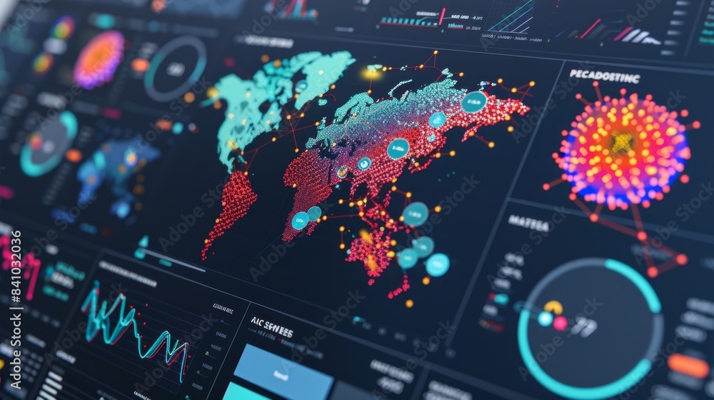 A dashboard with interactive maps showcasing the geographic distribution of population health data and predicting potential disease outbreaks. A dashboard with interactive maps showcasing the geographic distribution of population health data and predicting potential disease outbreaks.