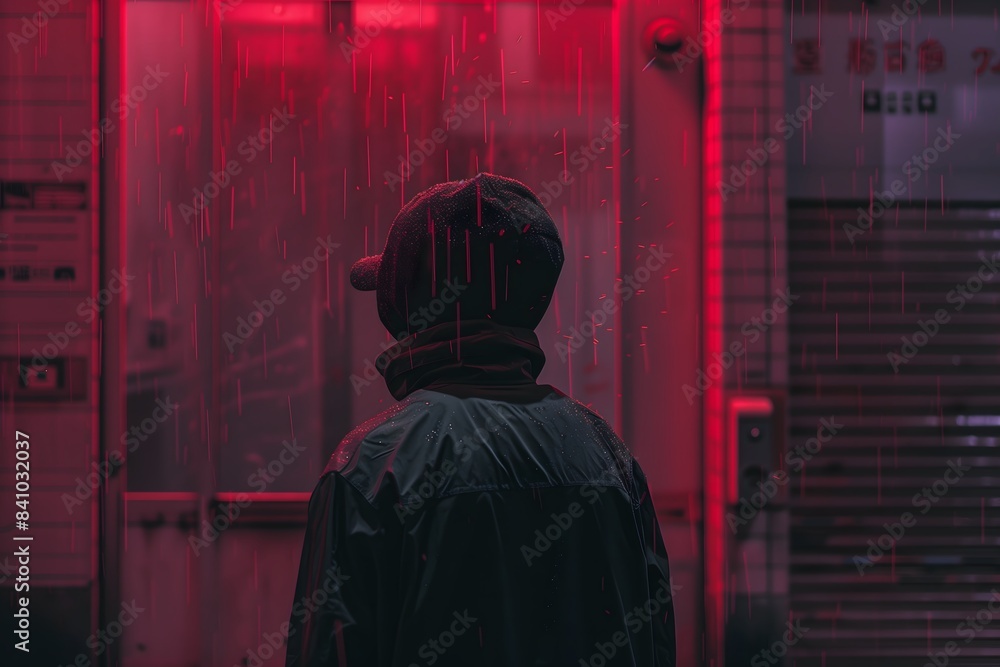Mysterious Figure in Neon-Lit Urban Night Scene Mysterious Figure in Neon-Lit Urban Night Scene