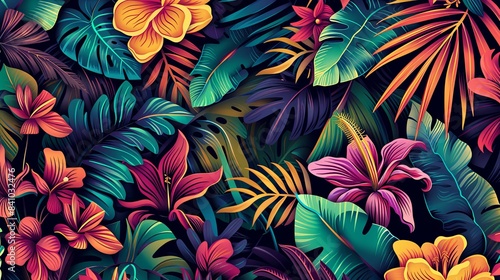 Seamless pattern of tropical flowers and leaves in vibrant colors on a dark background.