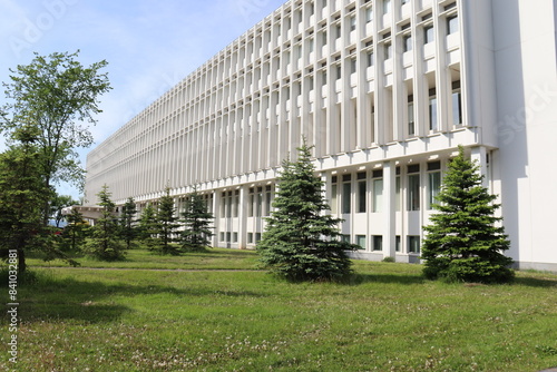 Wallpaper Mural Architecture and building with many windows. Building background with white color. Facade and repetition of pattern or design.  Torontodigital.ca