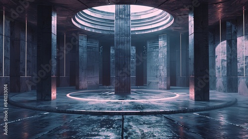 Cistern on Circular Stage with Centered Composition,  Futuristic Techno Elements, Subtle Colors, and Ultra Fine Cubic Futurism Details