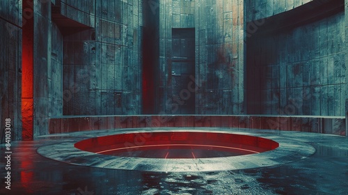Cistern on Circular Stage with Centered Composition,  Futuristic Techno Elements, Subtle Colors, and Ultra Fine Cubic Futurism Details