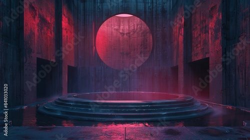 Cistern on Circular Stage with Centered Composition,  Futuristic Techno Elements, Subtle Colors, and Ultra Fine Cubic Futurism Details