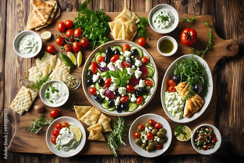 Traditional greek food plate, salad, meze, pie, fish, tzatziki, dolma served on wood background, top view. © Marco