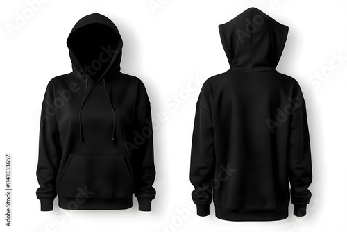 Female set of black front and back view tee hoodie hoody woman sweatshirt on white background cutout, Mockup template for artwork graphic design