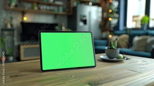 Kitchen table with tablet featuring green screen and touchscreen showing a close up of a digital display with mockup