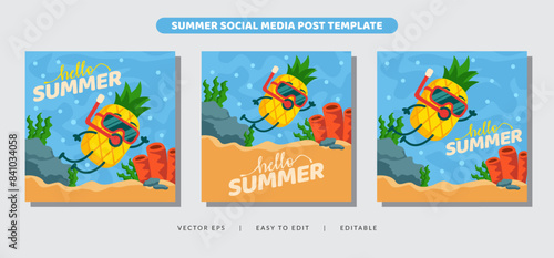 Hello summer activity with pineapple mascot character for social media post banner