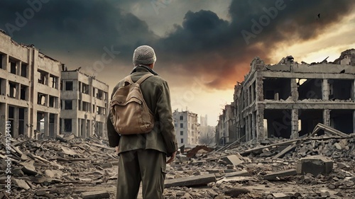 Civilian war victim on destroyed buildings