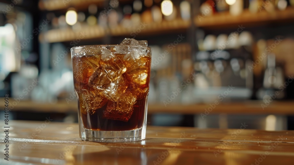 Clear glass containing visible ice in an iced coffee served at a cafe Clear glass containing visible ice in an iced coffee served at a cafe