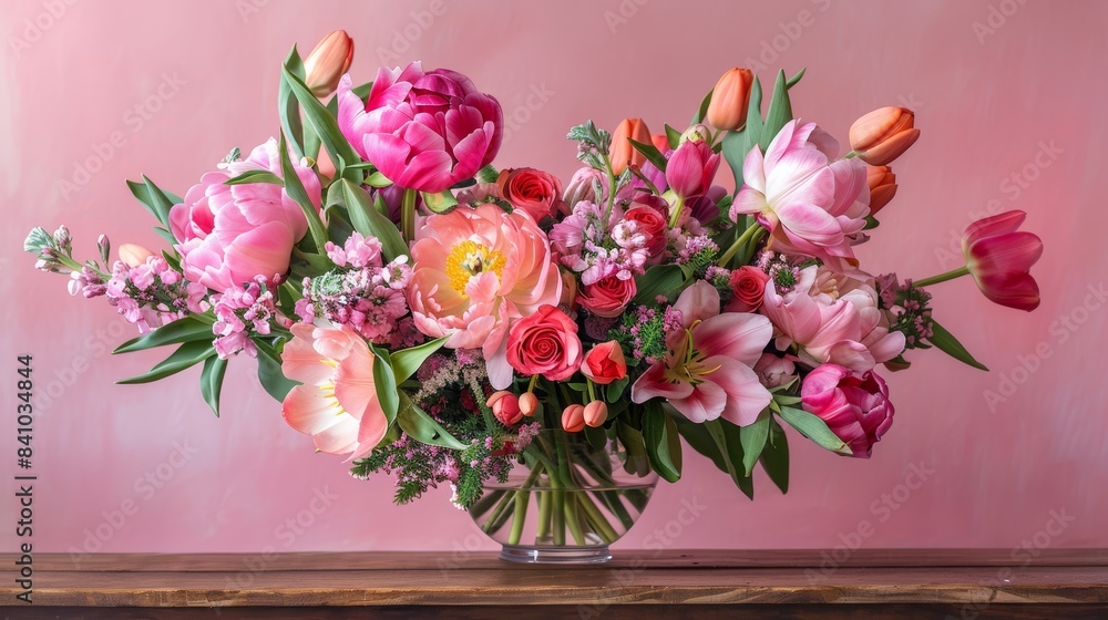 A vibrant still life arrangement of pink peonies, tulips, and lilies, bursting with color and texture, placed on a simple wooden table against a soft pink backdrop. A vibrant still life arrangement of pink peonies, tulips, and lilies, bursting with color and texture, placed on a simple wooden table against a soft pink backdrop.