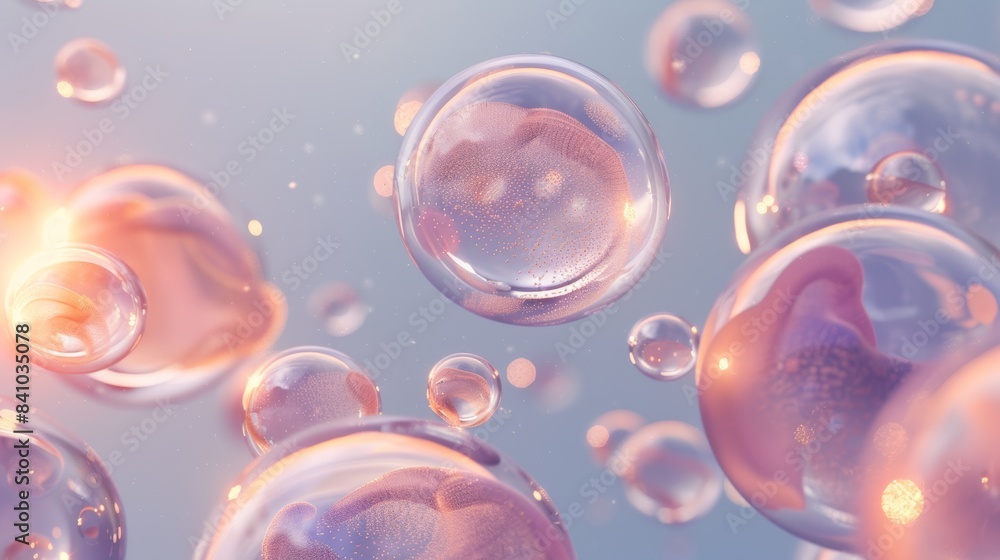 An ethereal photorealistic representation of skin cells as delicate molecular bubbles, floating gracefully in a serene space. An ethereal photorealistic representation of skin cells as delicate molecular bubbles, floating gracefully in a serene space.