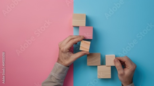 Business growth concept, Building success step-by-step. Stacking wood blocks, Visualizing the growth process in business.