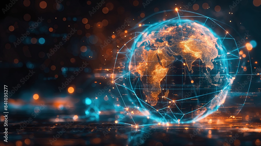 Obraz premium Radiant Teal and Orange Global Digital Connectivity: A Luminous Futuristic Network