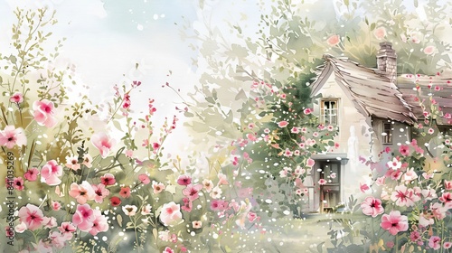 Fototapeta Naklejka Na Ścianę i Meble -  cottage garden filled with blooming flowers watercolor illustration