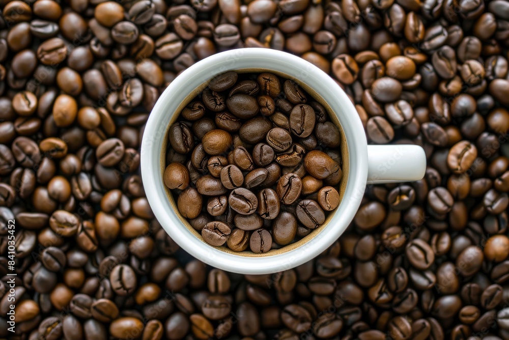 Coffee beans in cup, on coffee beans background - generative ai Coffee beans in cup, on coffee beans background - generative ai