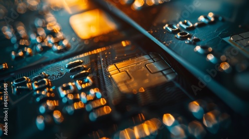 Close-up of a microchip on a circuit board with orange and blue lighting. Macro shot of electronic components photo