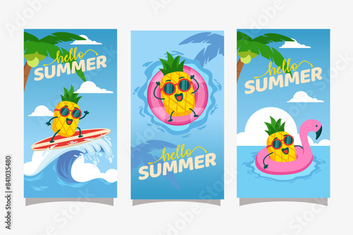 Hello summer activity with pineapple mascot character for social media stories banner