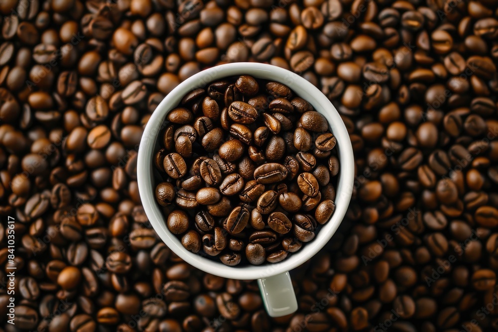 Coffee beans in cup, on coffee beans background - generative ai Coffee beans in cup, on coffee beans background - generative ai