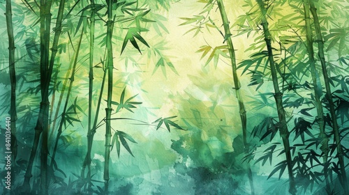 bamboo forest with rays of sunlight watercolor illustration